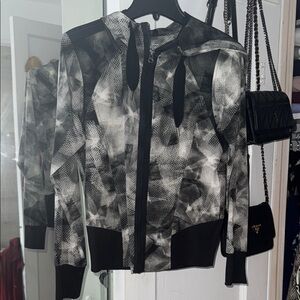 Vera Wang Black and Gray Bomber Jacket with Abstract Pattern